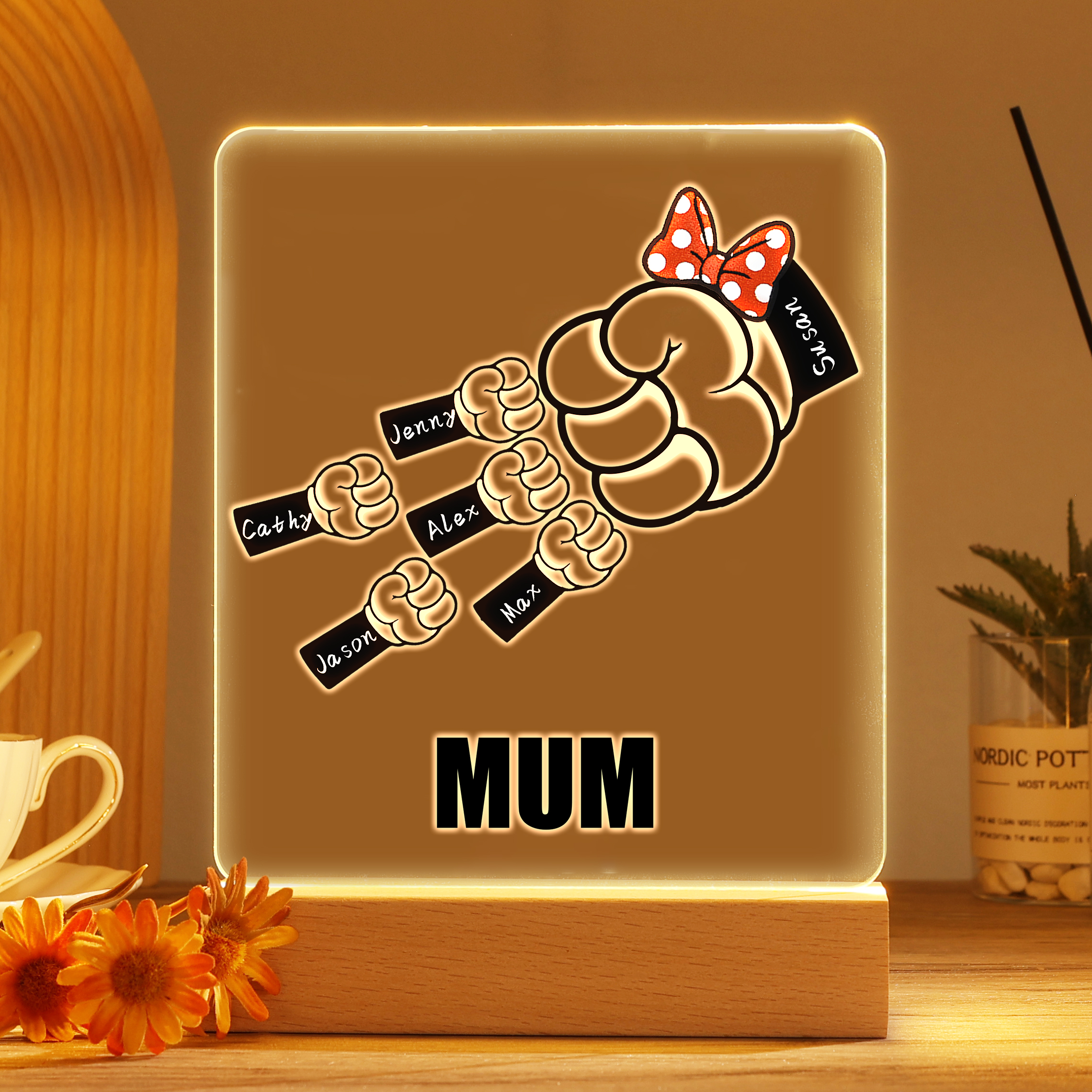 6 Names - Personalised Acrylic Night Light Custom Names & Text Fist Bump LED Lamp Gifts for Family-Jessemade AU