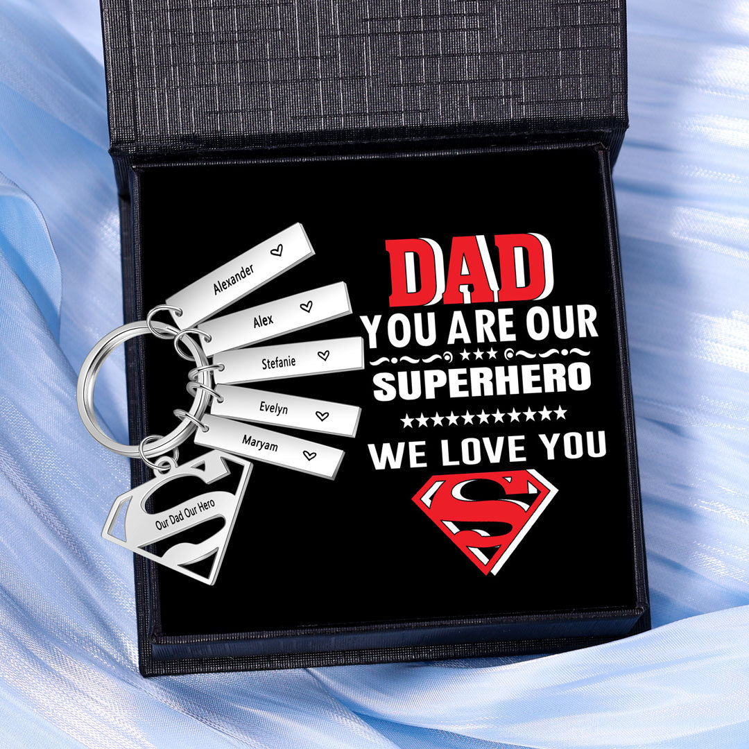 Custom Superhero Dad Sign Keychain Engrave 5 Names For Dad-Jessemade AU