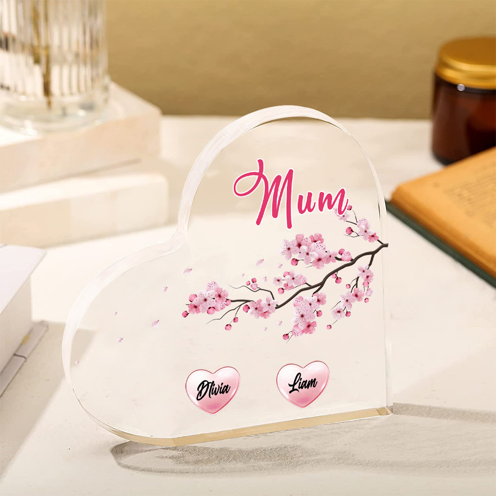 2 Names - Personalised Acrylic Heart Keepsake Custom Text Peach Blossom Ornaments Gifts for Grandma/Mother-Jessemade AU