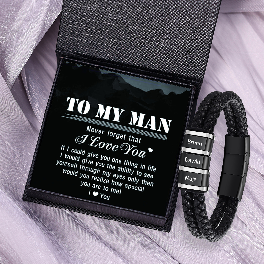 3 Names - Men's Leather Bracelet Custom Names Beaded Bracelet Adjustable Personalised Gift for Him