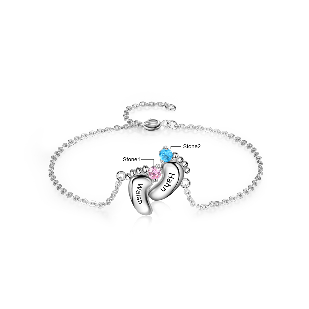 Personalised Baby Foot Bracelet With 2 Birthstones Engraved Names Gift For Mother-Jessemade AU