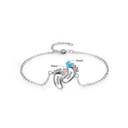 Personalised Baby Foot Bracelet With 2 Birthstones Engraved Names Gift For Mother-Jessemade AU