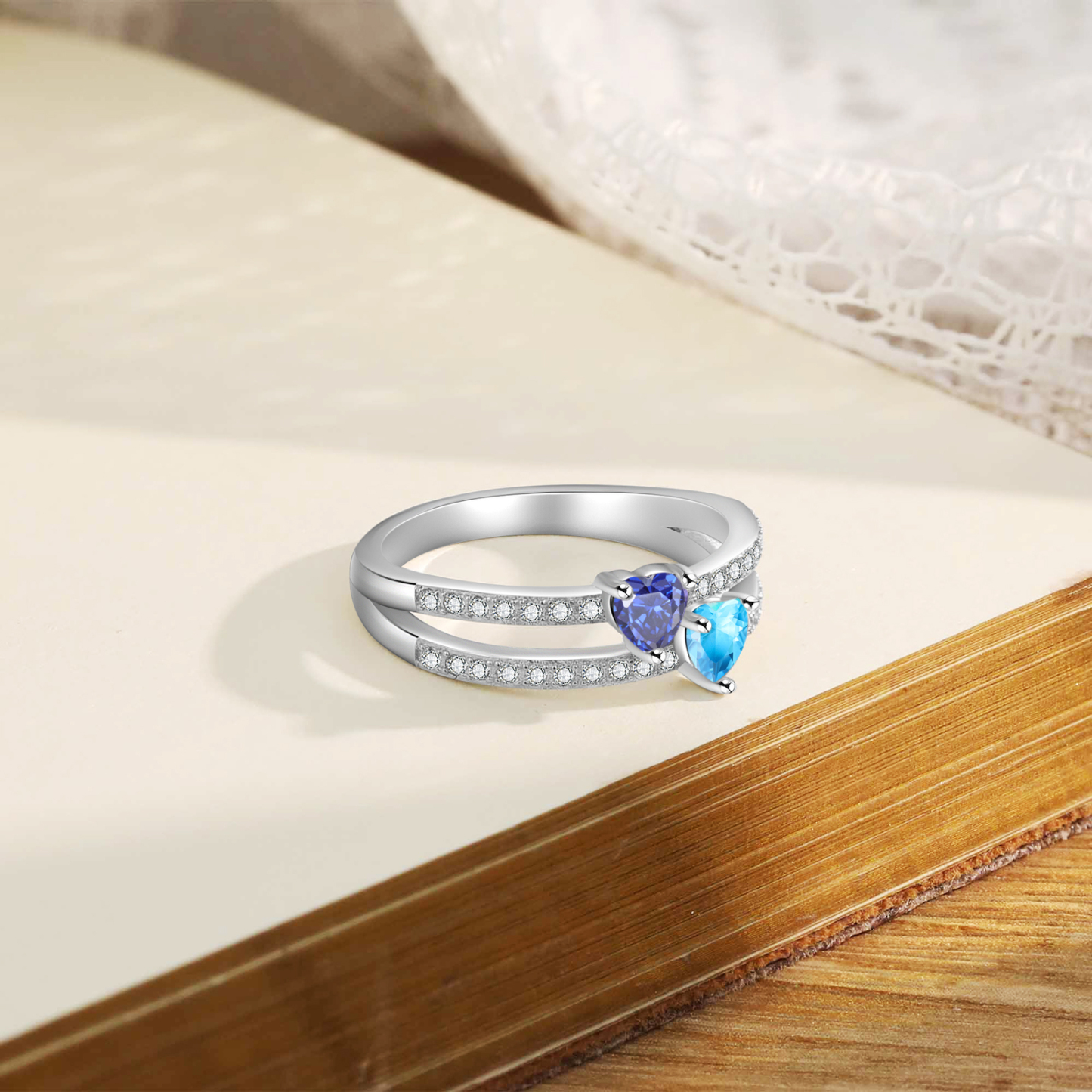 Personalised Women's Ring Customised 2 Birthstones Heart Ring Birthday Gift for Women Girls-Jessemade AU