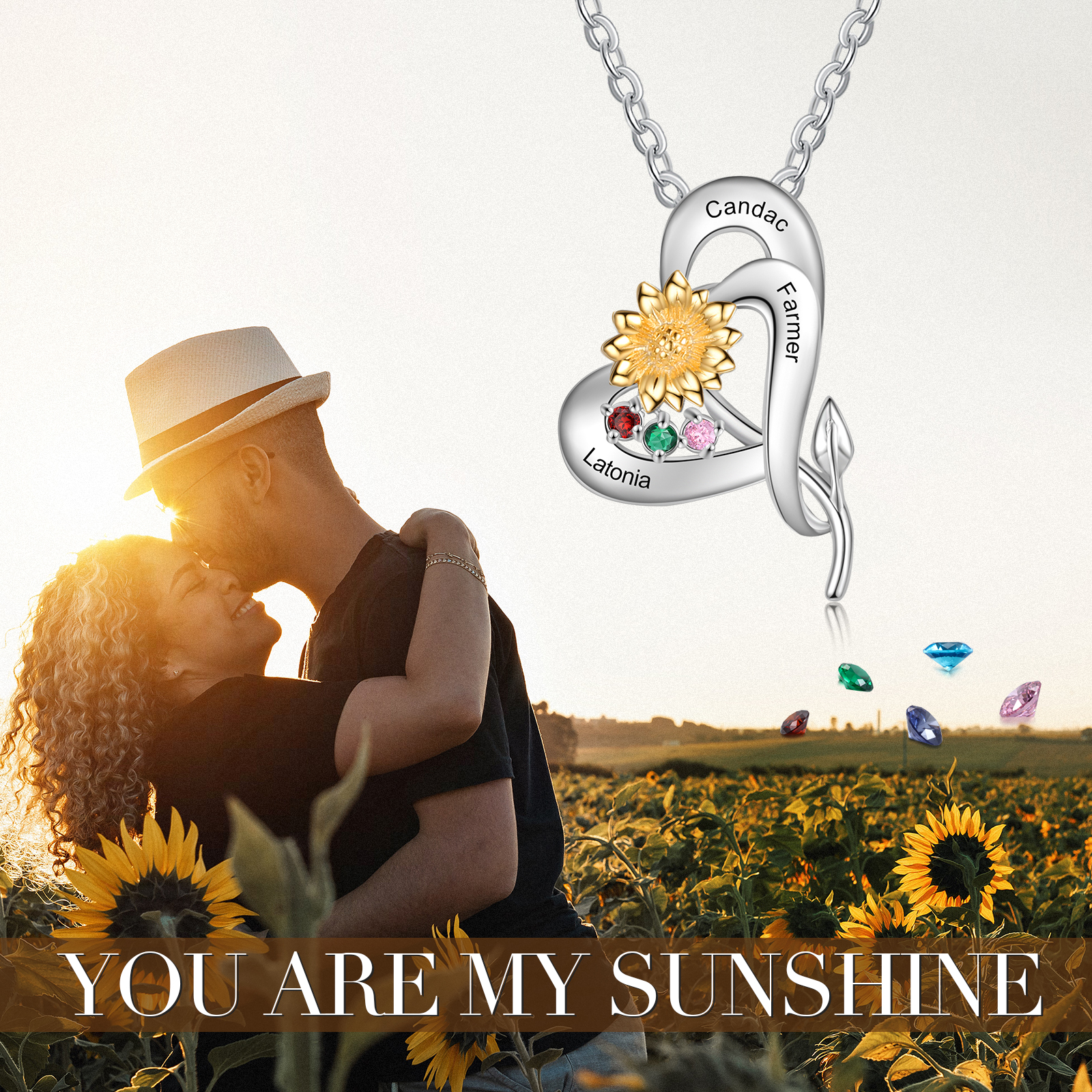 Personalised Sunflower Necklace With 3 Birthstones Engraved Names Necklace Gift For Women-Jessemade AU