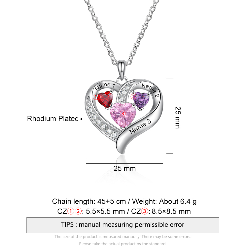 Personalised Heart Necklace With 3 Birthstones Engraved Names Gift For Her-Jessemade AU