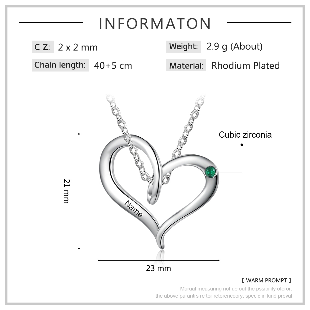 Personalised Heart Necklace With 1 Birthstone Engraved Names Gift For Her-Jessemade AU