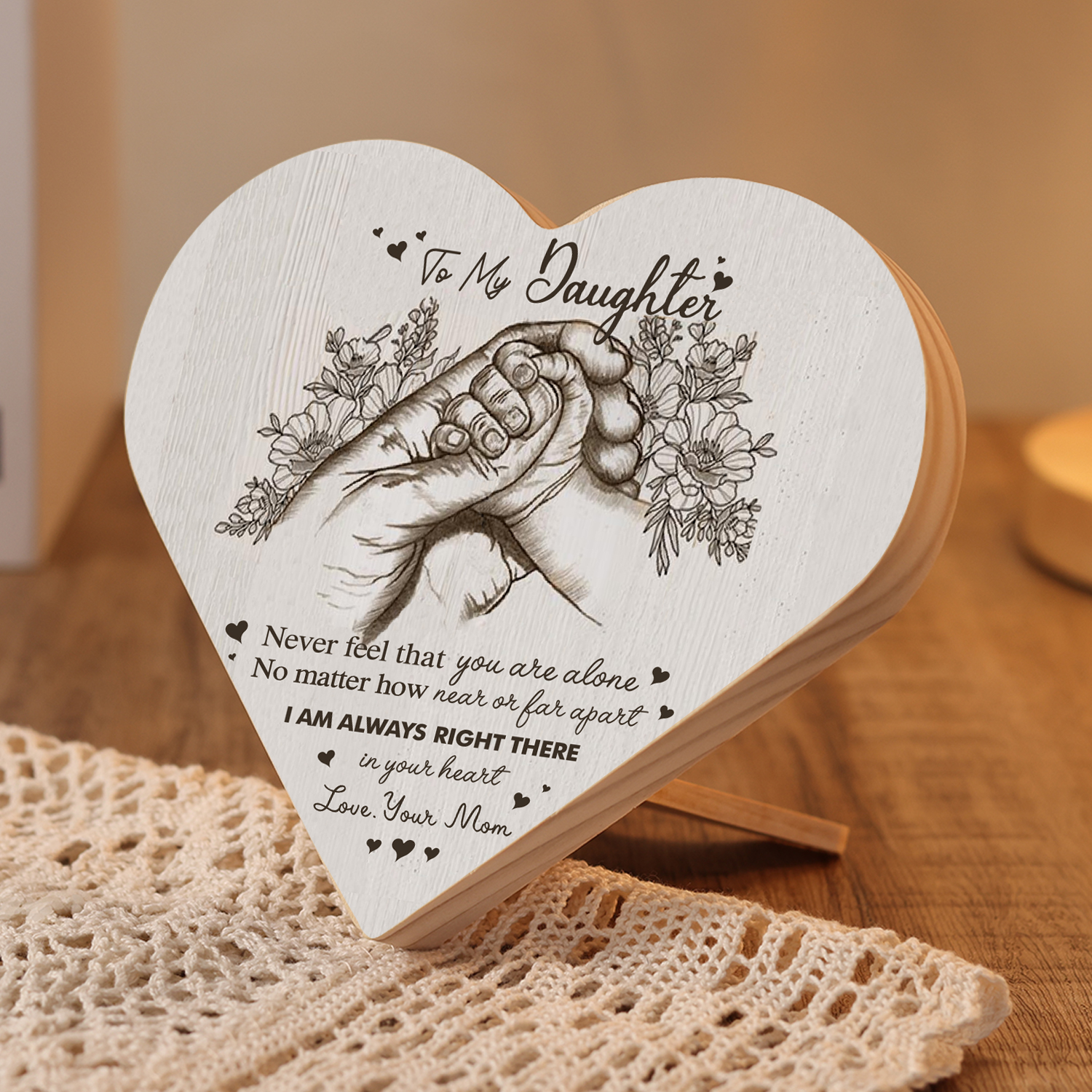 To My Daughter Never feel that you are alone Holding Hands Wooden Heart Keepsake Desktop Ornament-Jessemade AU