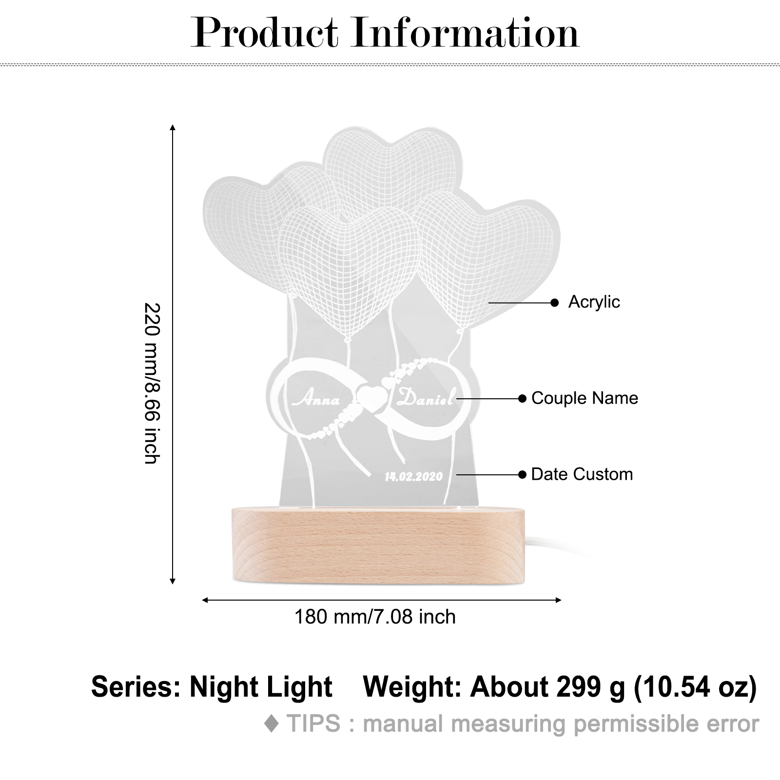 Personalised Heart balloon Name Night Light Engraved Lamp-Jessemade AU