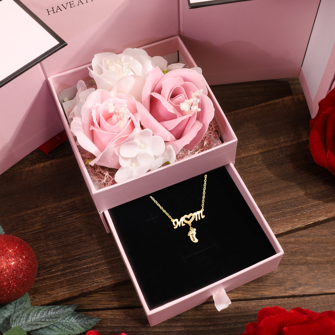 Mother Necklace with 1 Baby Foot Pendant Engraved 1 Name Rose Gift Set