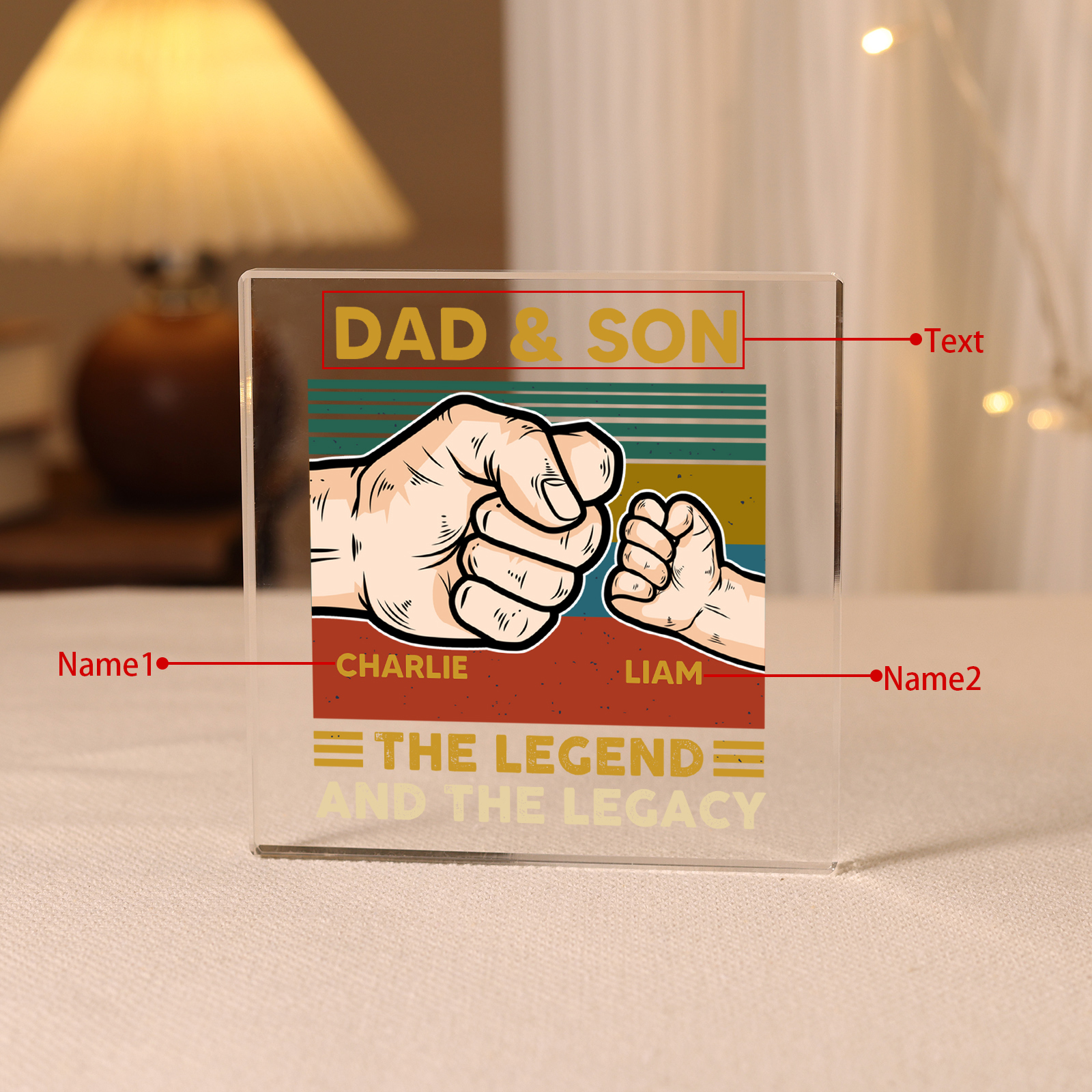 Personalised 2 Names & 1 Text Acrylic Square Keepsake Custom Fist Bump Rectangle Plaque - The Legend And The Legacy-Jessemade AU