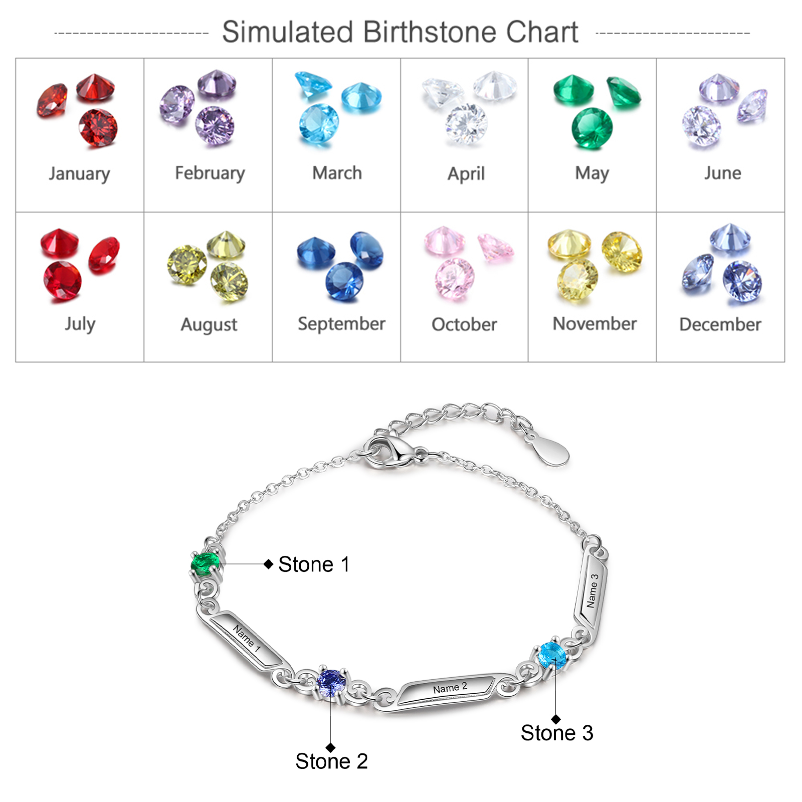 Personalised Family Name Bracelet With 3 Birthstones Engraved Names Gift For Her-Jessemade AU