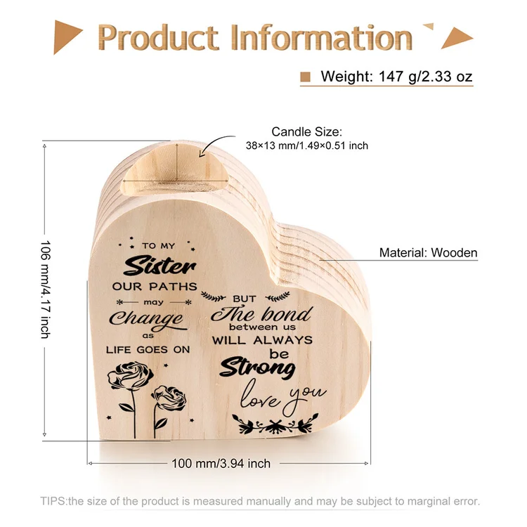 To My Sister Heart Candle Holder "The Bond Between Us Will Always be Strong" Wooden Candlestick-Jessemade AU