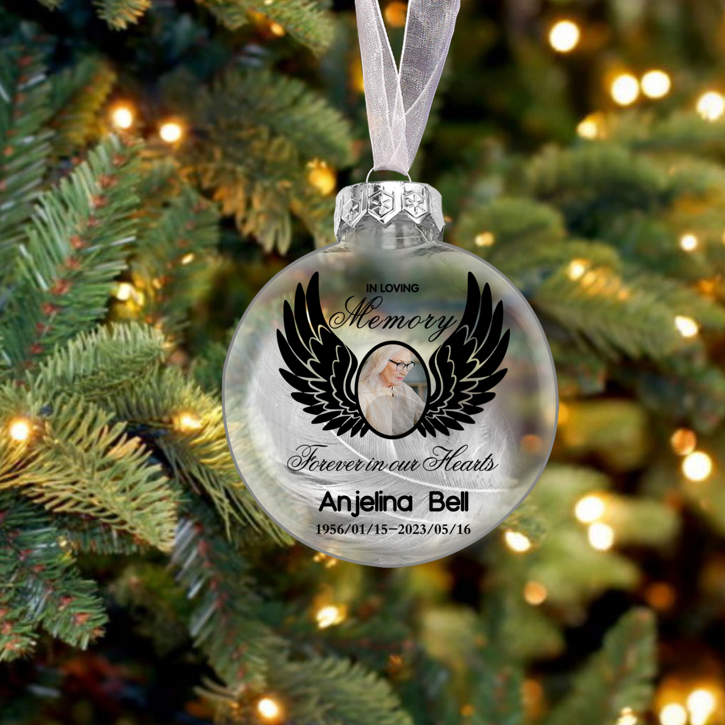 Memorial Ball Feather Ornaments Custom Name & Date & Photo Christmas Ornament Commemorate Deceased Loved Ones - Forever In Our Hearts-Jessemade AU