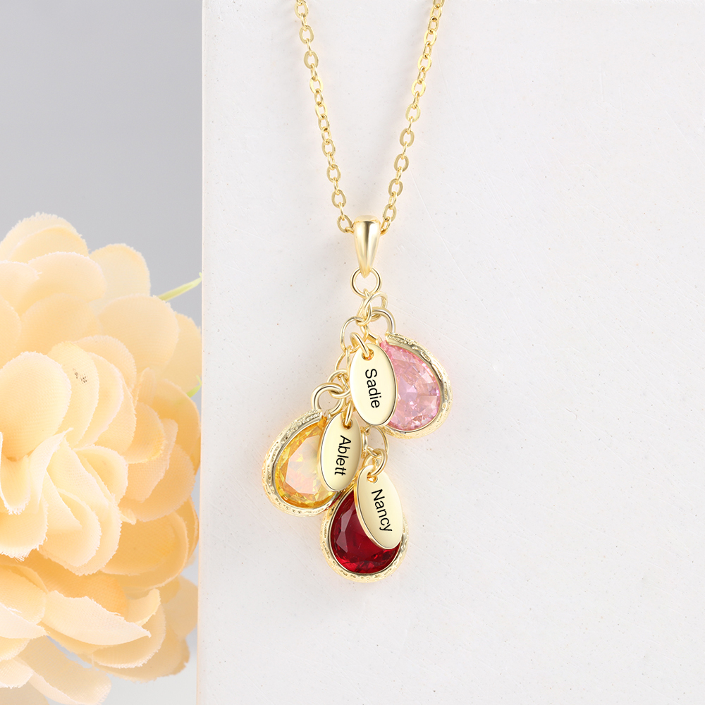 Personalised Leaf Necklace With 3 Birthstones Engraved Names Gift For Mother-Jessemade AU