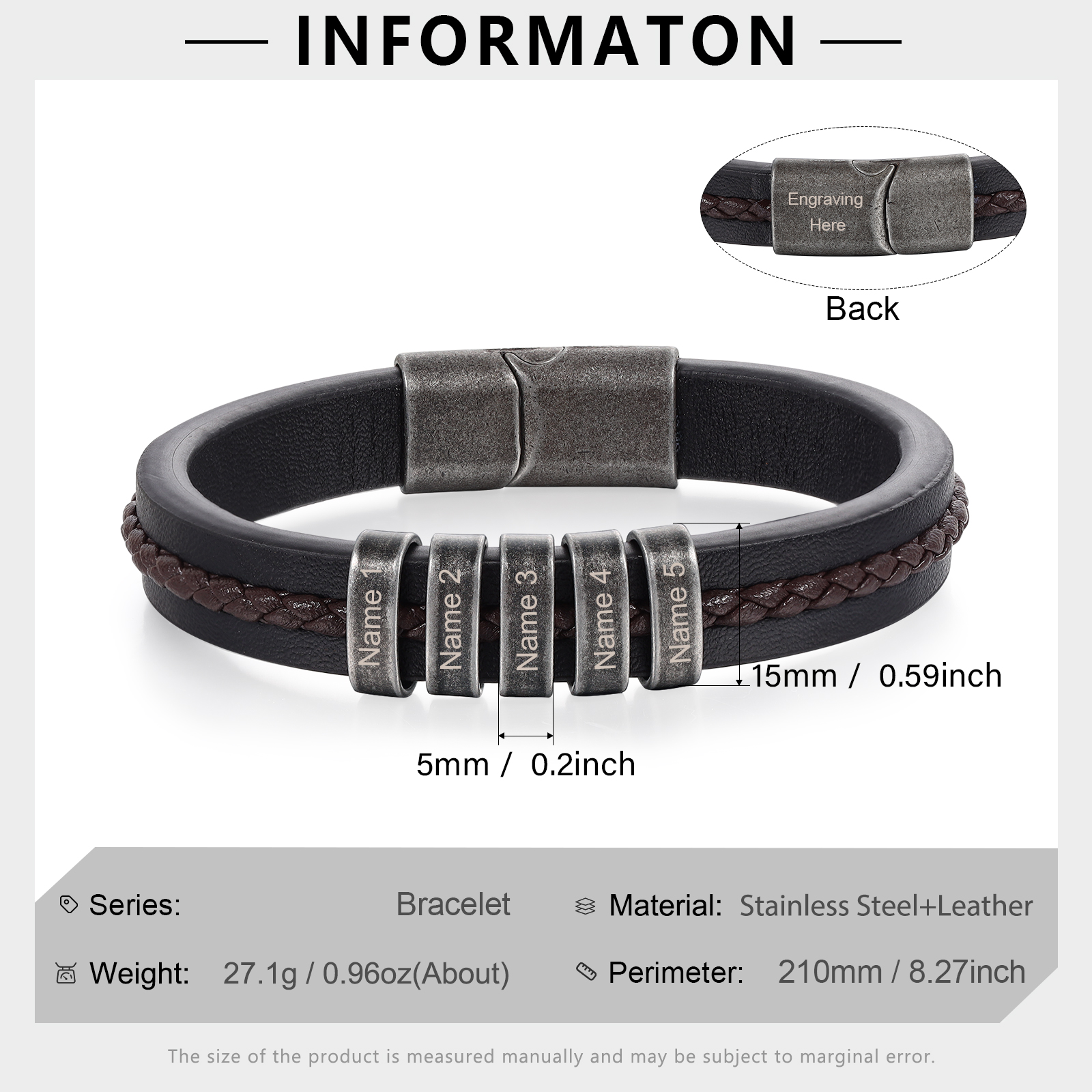 5 Names - Personalised Men's Leather Bracelet Custom Text Beaded Bracelets Vintage Gift for Him