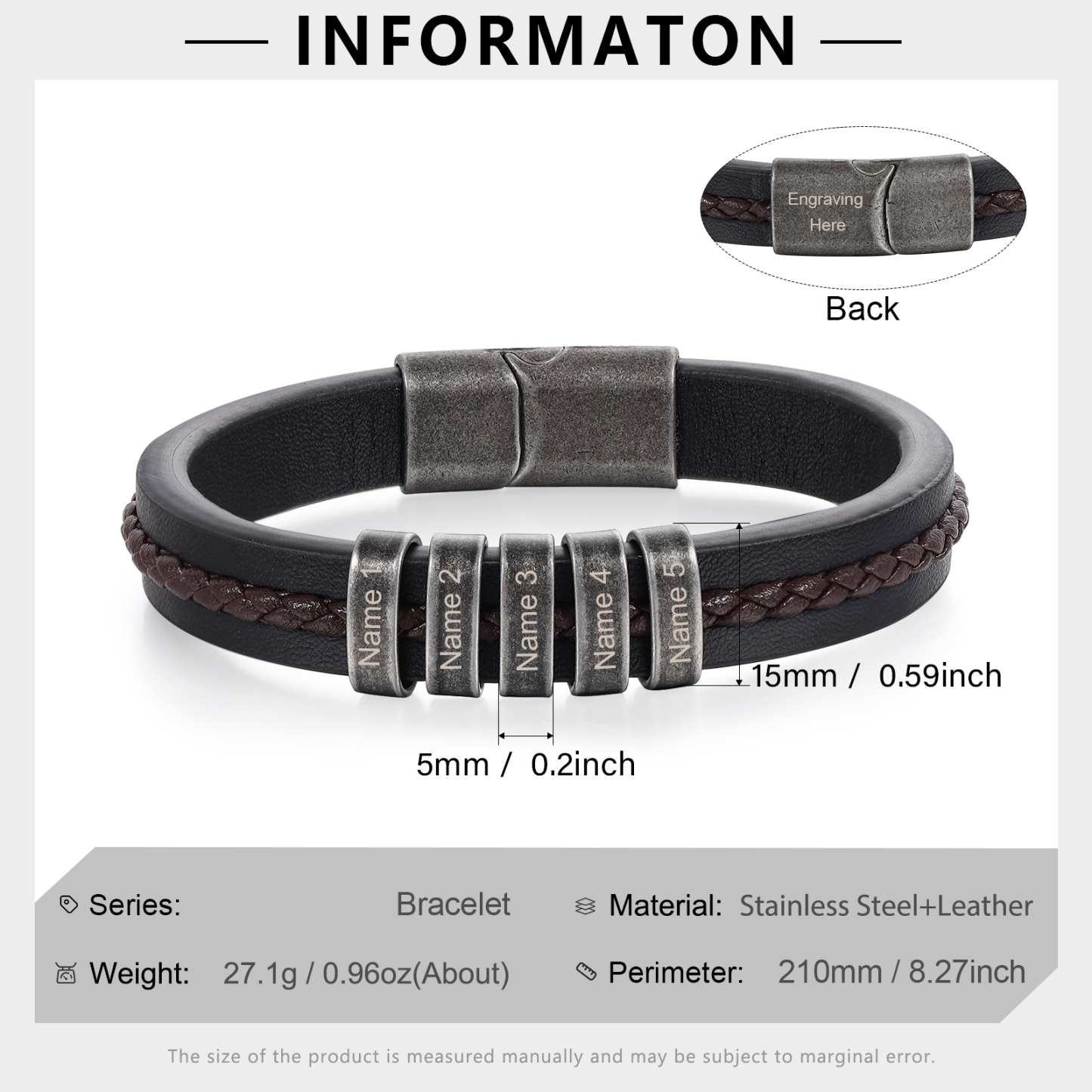 5 Names - Personalised Men's Leather Bracelet Custom Text Beaded Bracelets Vintage Gift for Him