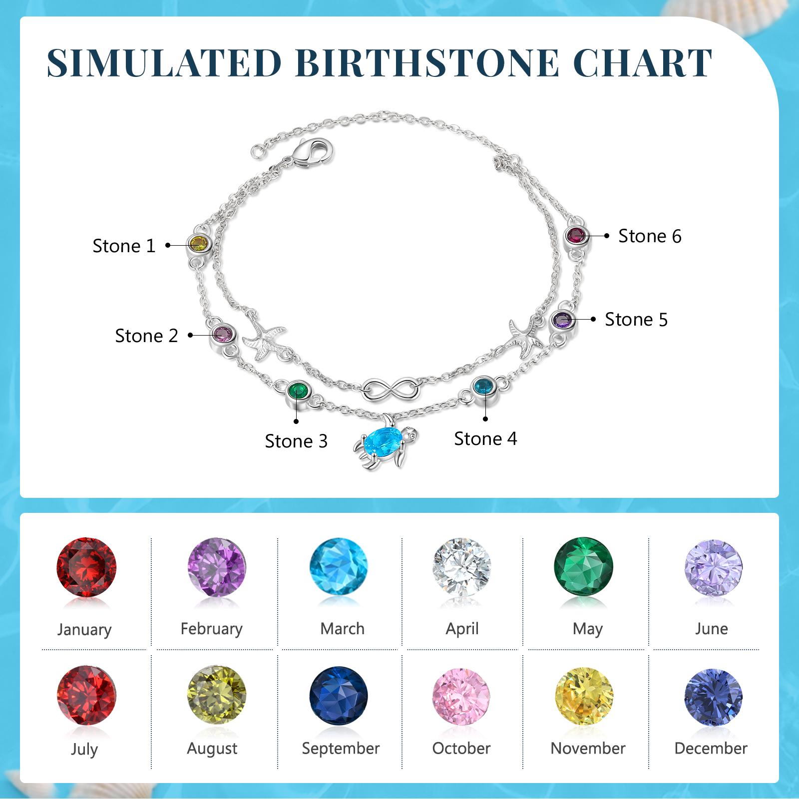 Personalised Women's Bracelet Custom 6 Birthstones Bracelet Sea Turtle Adjustable Bracelet Birthday Gift for Her-Jessemade AU