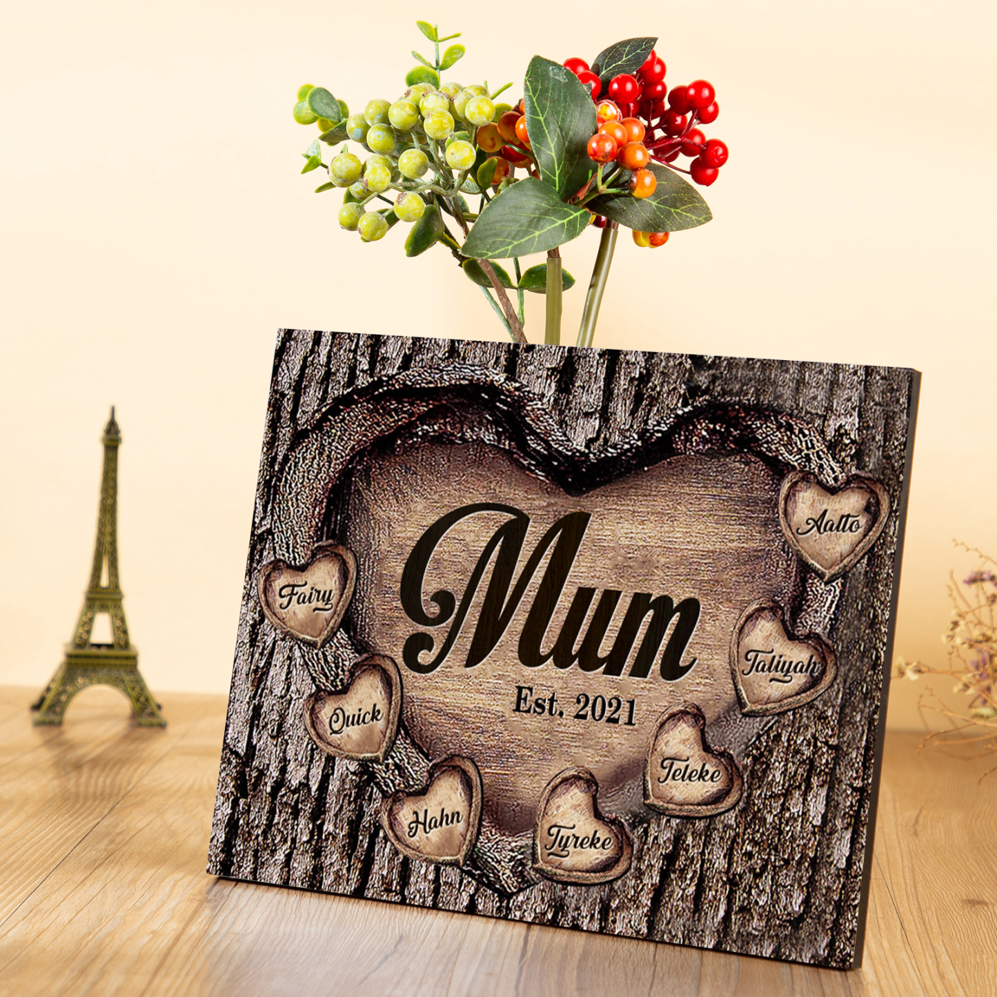 7 Names - Personalised Mum Wooden Plaque Custom Date & Names Home Decoration Hearts Gift for Mother-Jessemade AU