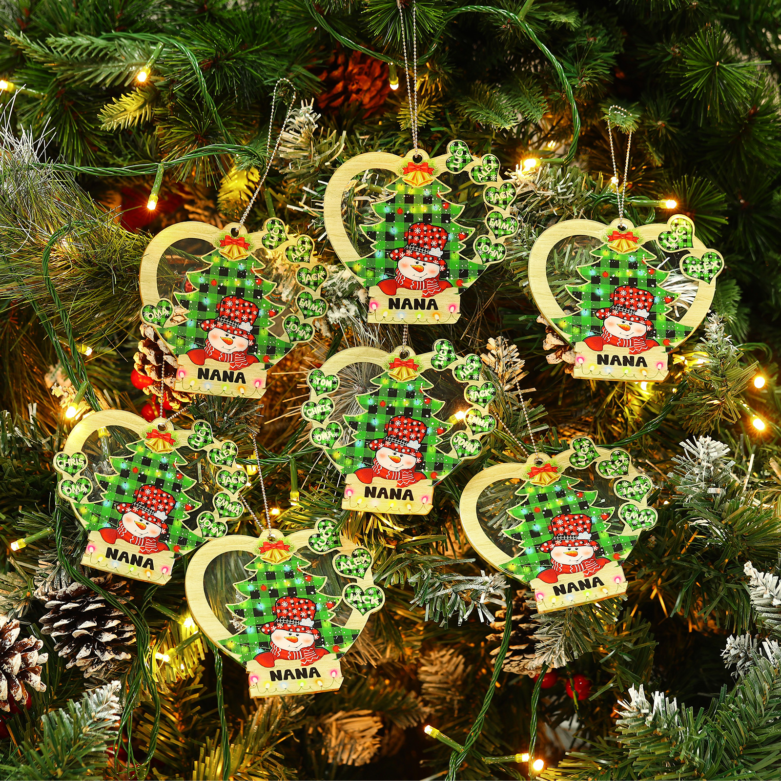 2 Names - Personalised Heart Christmas Tree Ornament Customised Name & Text Acrylic Snowman Hanging Ornaments Gift for Family-Jessemade AU