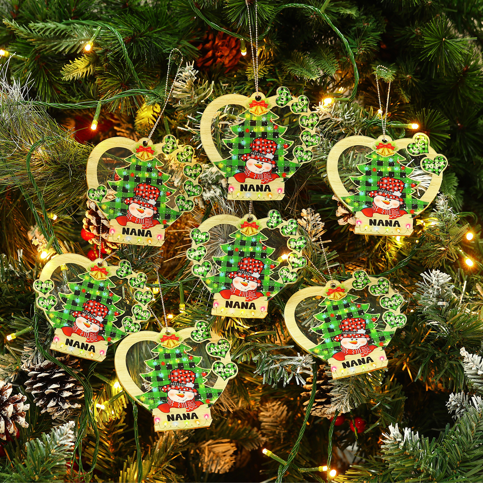 2 Names - Personalised Heart Christmas Tree Ornament Customised Name & Text Acrylic Snowman Hanging Ornaments Gift for Family-Jessemade AU