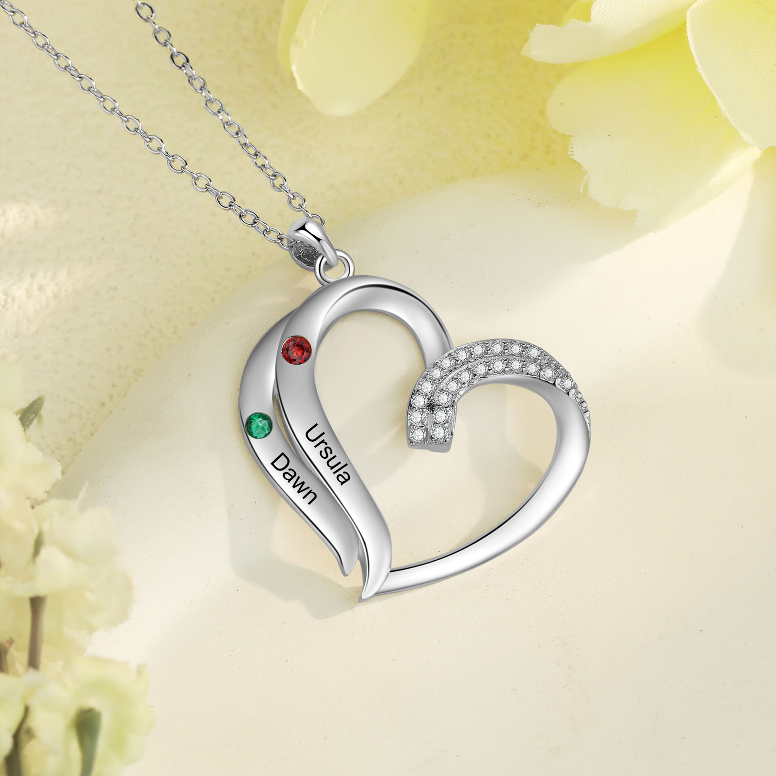 Personalised Heart Pendant Necklace Custom 2 Birthstones Engraved 2 Names Necklace Gift for Her-Jessemade AU