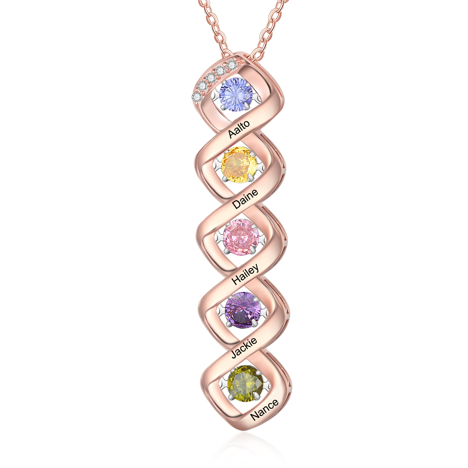 Custom Family Necklace with 5 Birthstones Engraving Names Dancing Stone Necklace-Jessemade AU