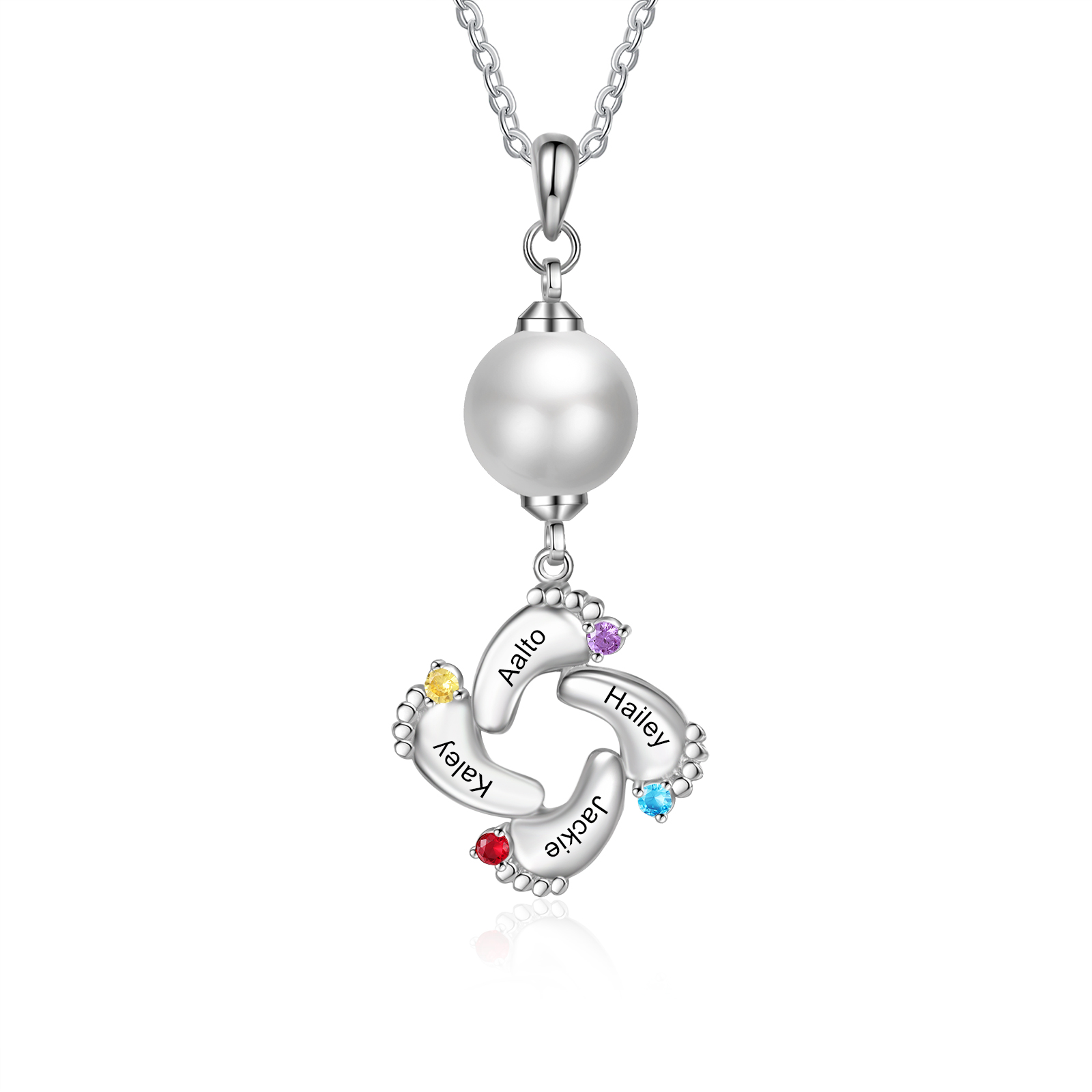 Personalised Baby Feet Pearl Necklace Custom 4 Names & Birthstones Mother Necklace-Jessemade AU