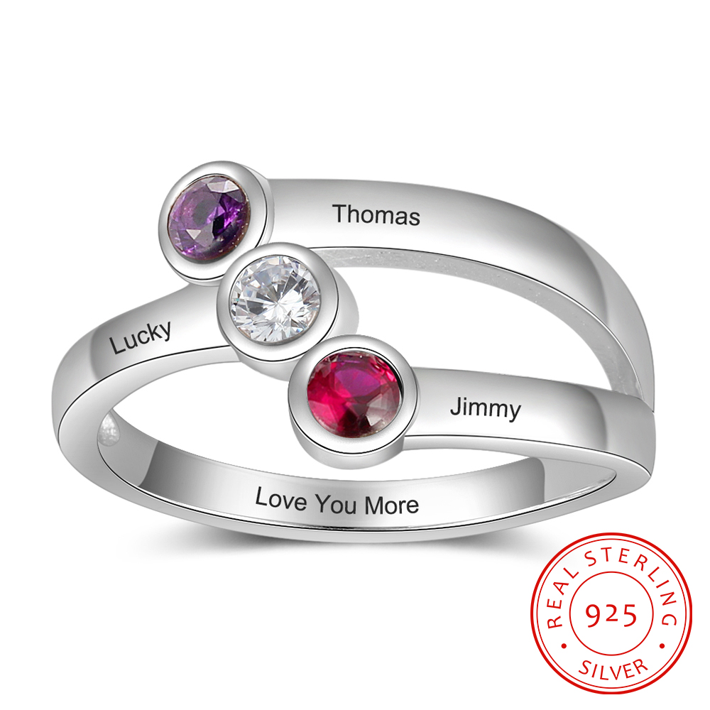 Personalised Ring With 3 Birthstones Engraved Names Ring Gift For Women-Jessemade AU