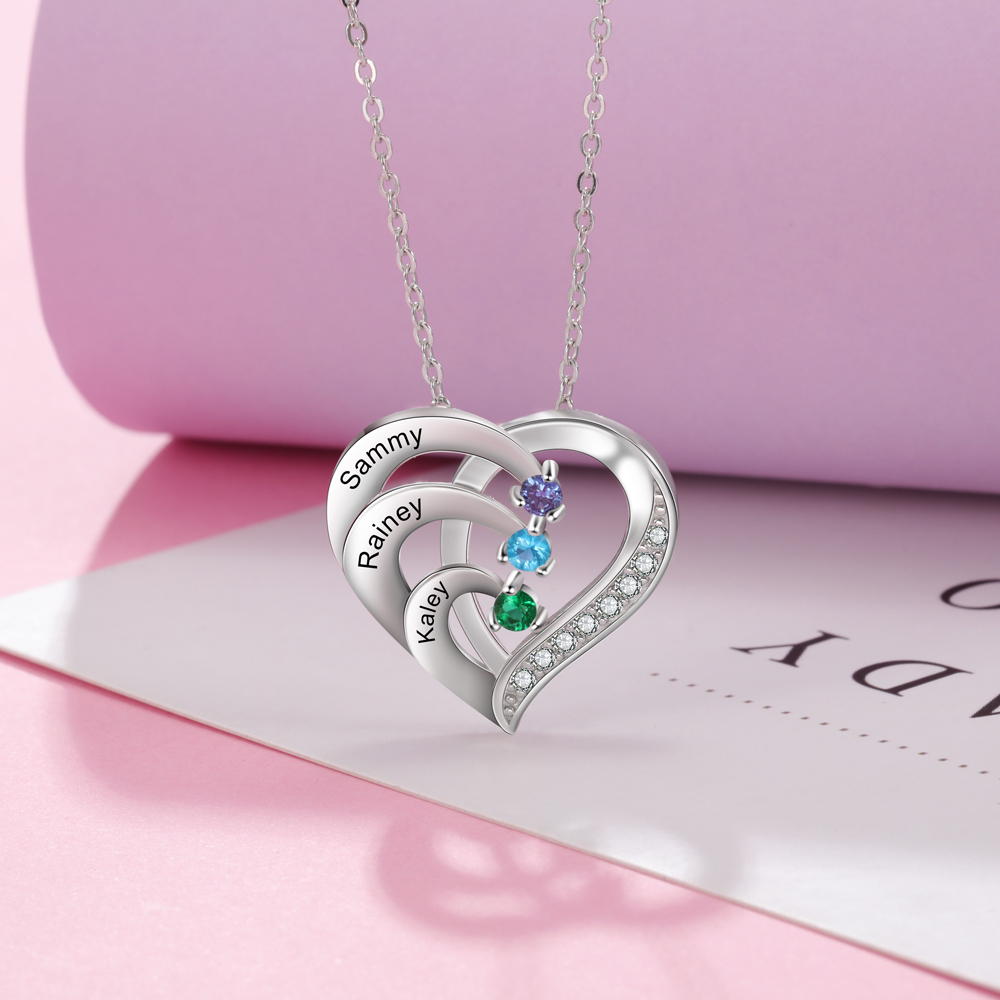Personalised Mother Necklace 3 Stones Engraved 3 Names Birthstone Intertwined Heart Pendant Gifts for Her-Jessemade AU