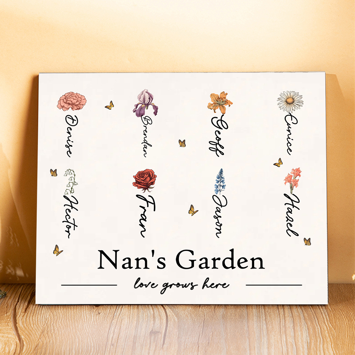 Personalised Text Wooden Plaque Custom 1–12 Birth Flowers & Names Home Decor Garden Sign Gift for Grandma - Love Grows Here