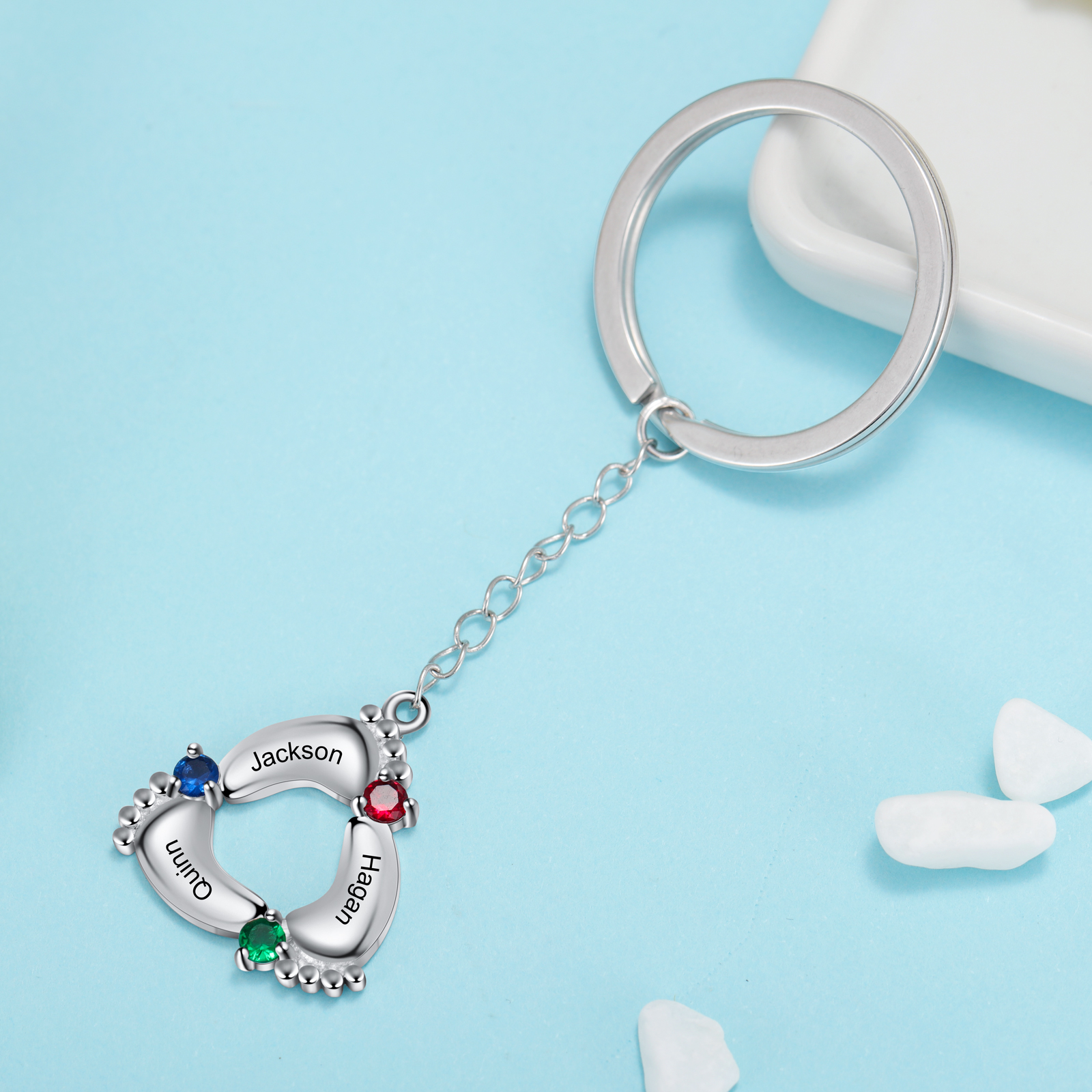 Personalised Baby Feet Keychain With 3 Birthstones Engraved names Keychain Gifts For Mother-Jessemade AU