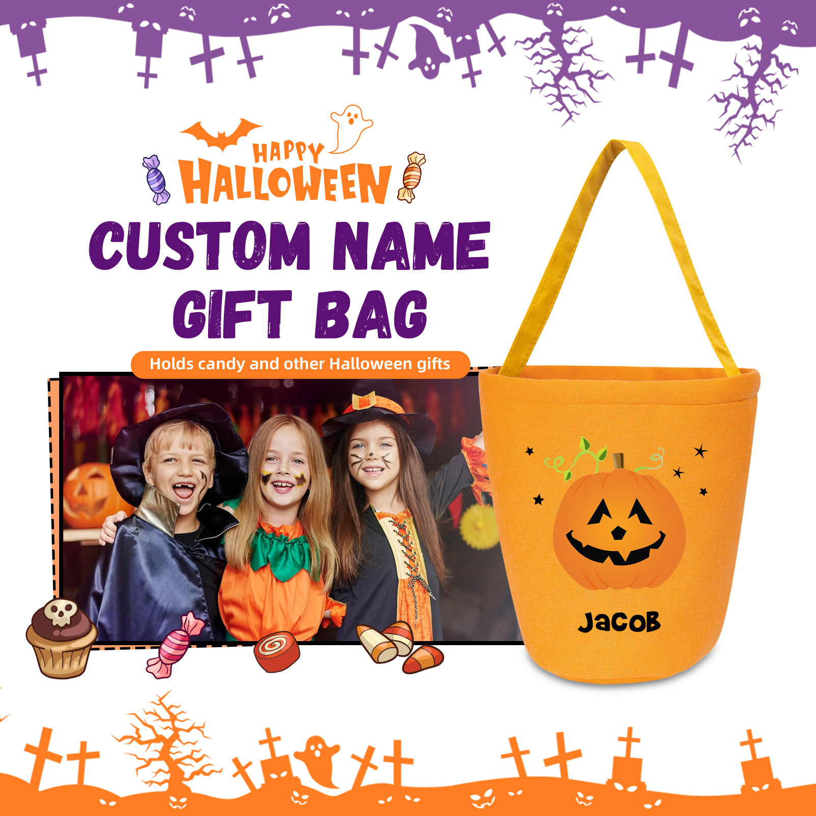 1 Name - Personalised Halloween Tote Bags Bucket Bag Halloween Trick or Treat Candy Bags for Children-Jessemade AU