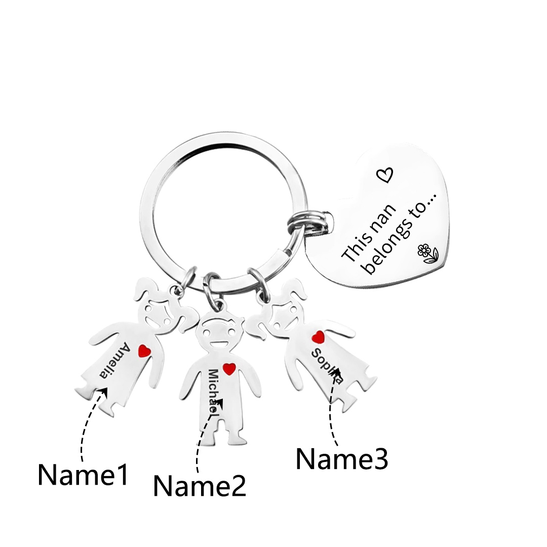 3 Names - Personalised Keychain with Kid Charm Engraved Names Keychain Heart Gift for Nan/Mum-Jessemade AU