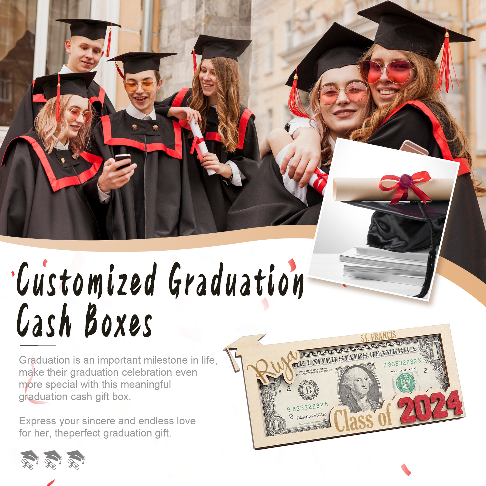 Class of 2024 Personalised Graduation Cash Clip Custom 1 Name & 2 Texts Cash Box Creative Gifts-Jessemade AU