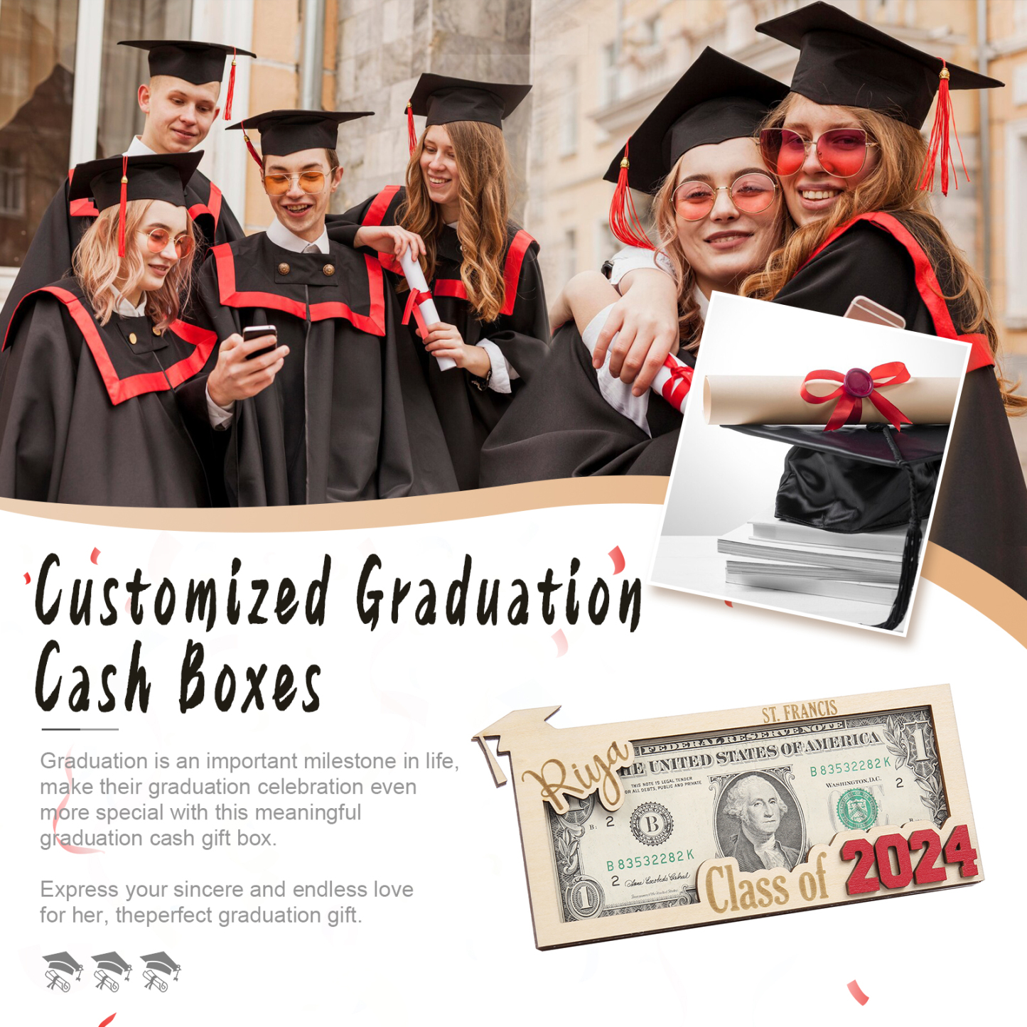 Class of 2024 Personalised Graduation Cash Clip Custom 1 Name & 2 Texts Cash Box Creative Gifts-Jessemade AU