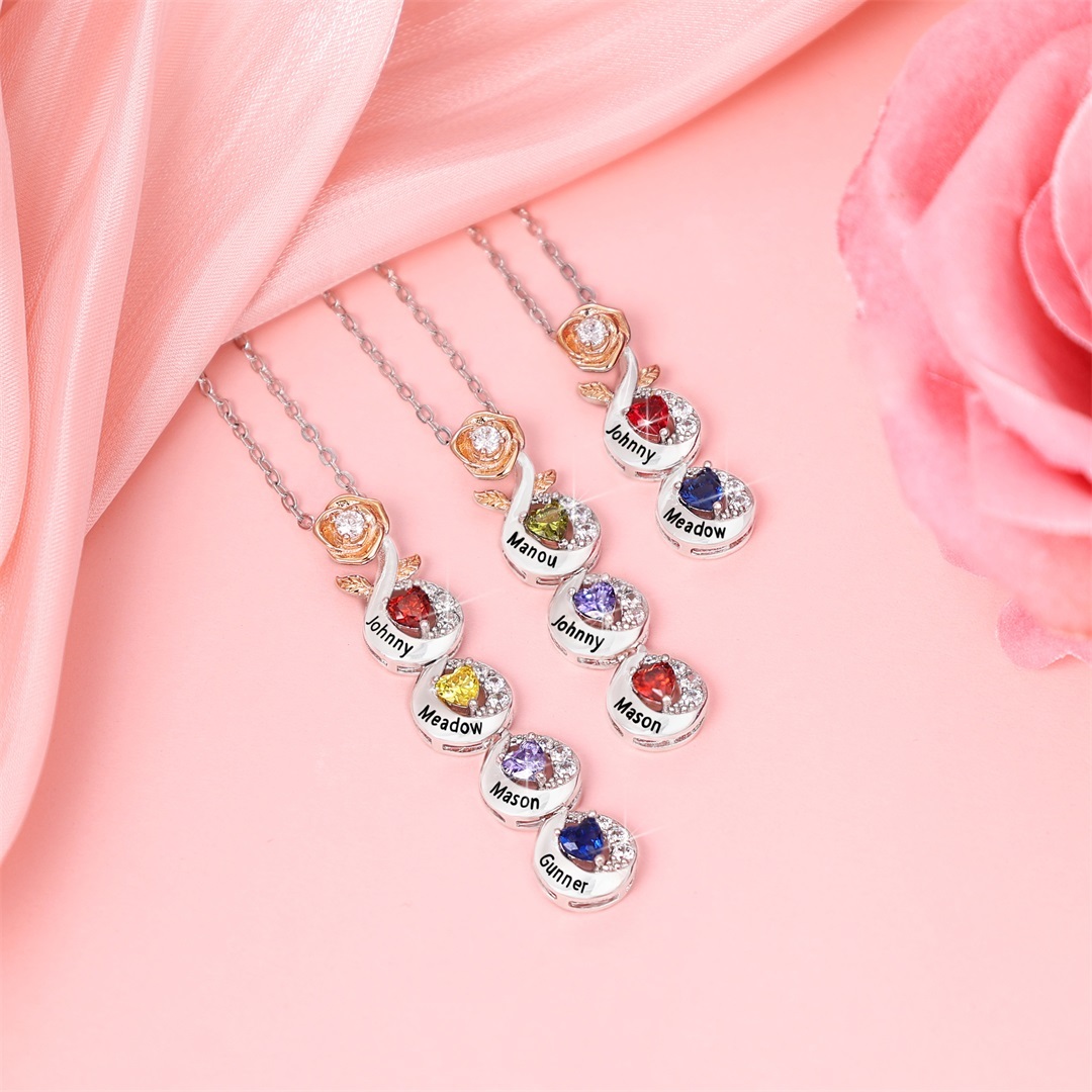 Custom Family Necklace Rose Pendant with 3 Birthstones Engraving 3 Names Gifts for Her-Jessemade AU