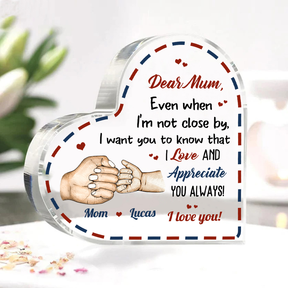 Dear Mum/Mom Personalised 2 Names Acrylic Heart Keepsake Fist Bump Ornaments - I Want You to Know That I Love and Appreciate You Always-Jessemade AU