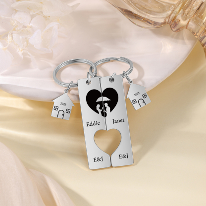 Personalised Couple Keychain Custom 2 Names & Letters & Years Metal Keyring Heart Matching Keychains for Couples-Jessemade AU