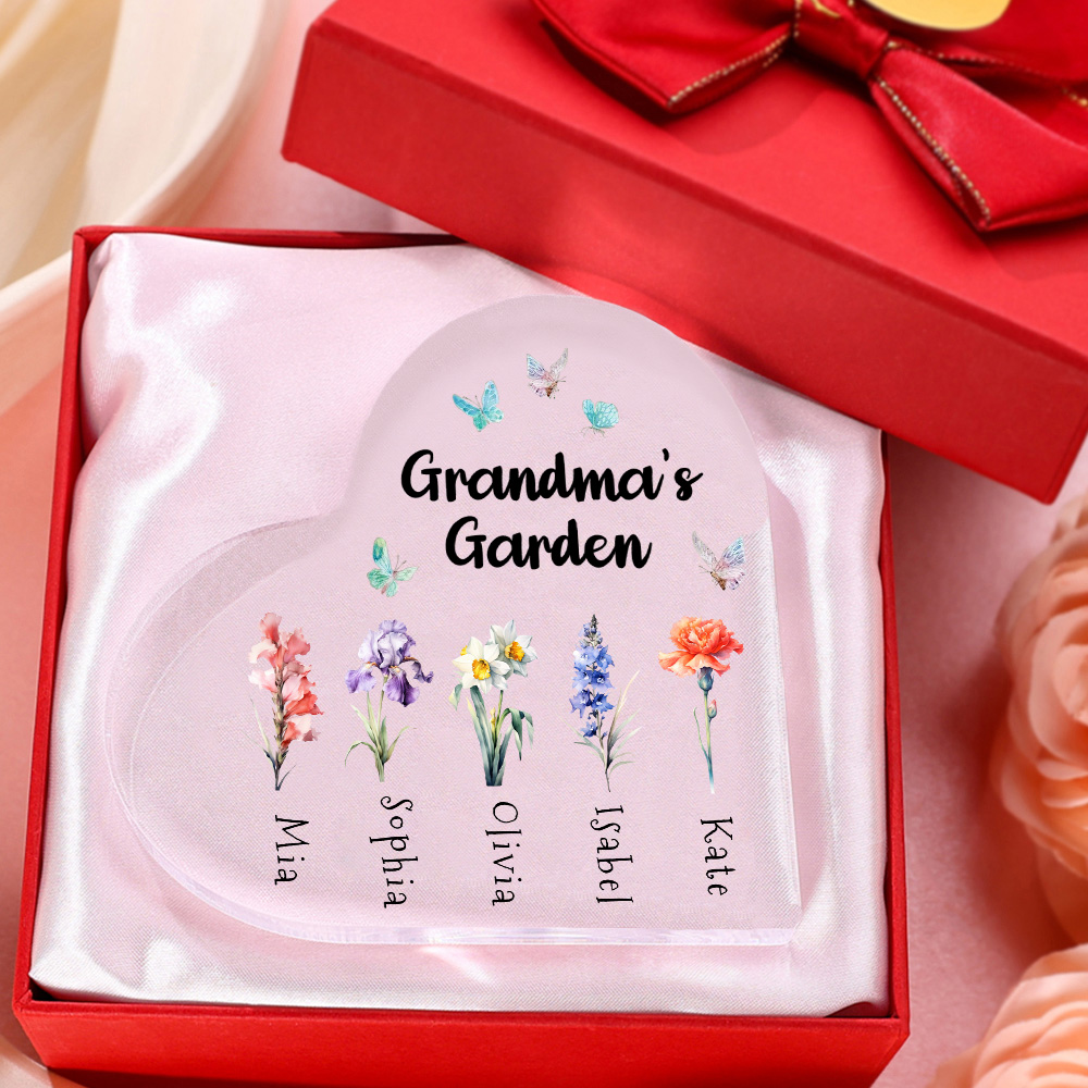 Personalised Acrylic Heart Keepsake Custom 1–6 Names & Birth Flowers Ornaments Gifts for Grandma - Grandma's Garden