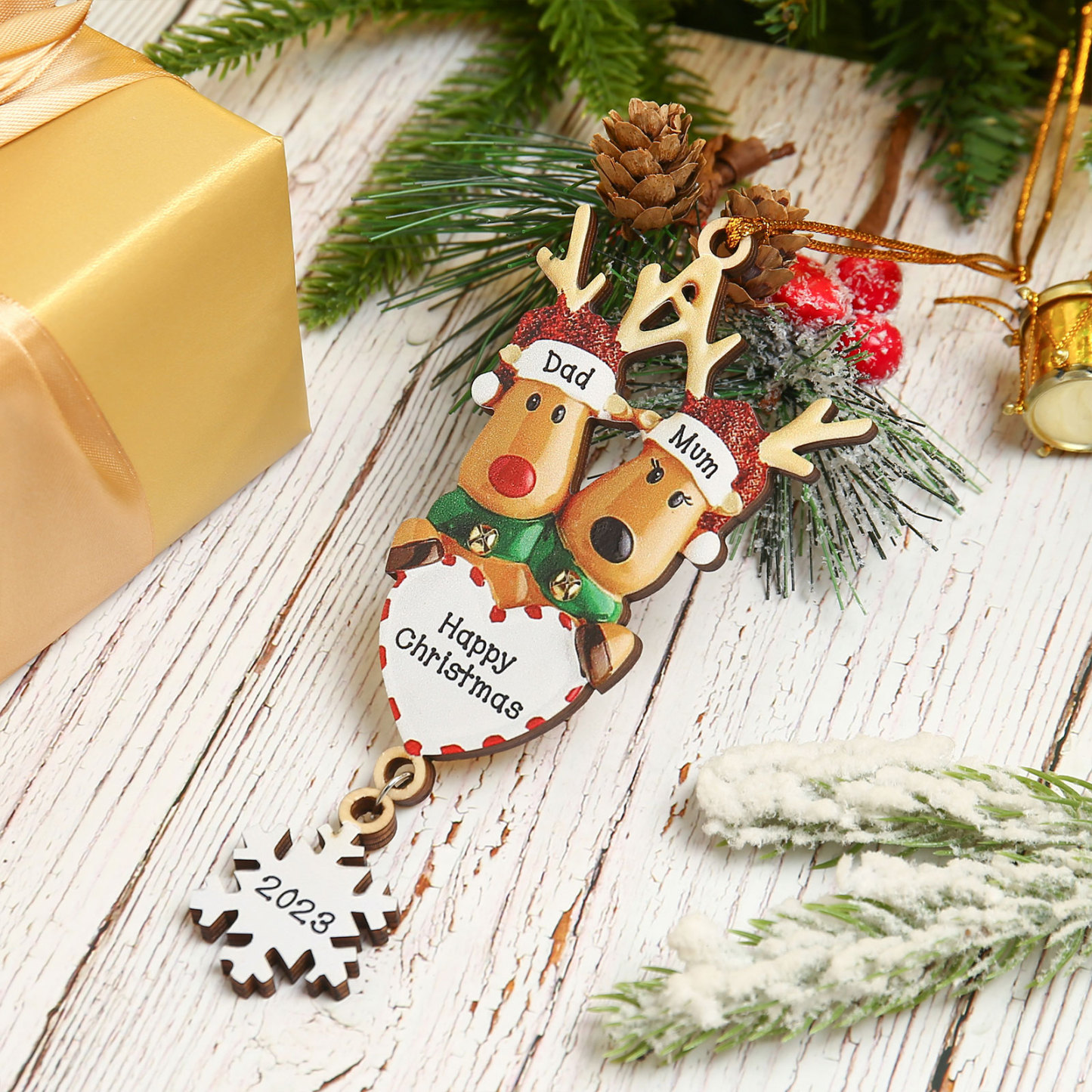 2 Names - Personalised Reindeer Christmas Ornament Customised Name & Text & Year Wooden Hanging Ornaments Christmas Gift for Family-Jessemade AU