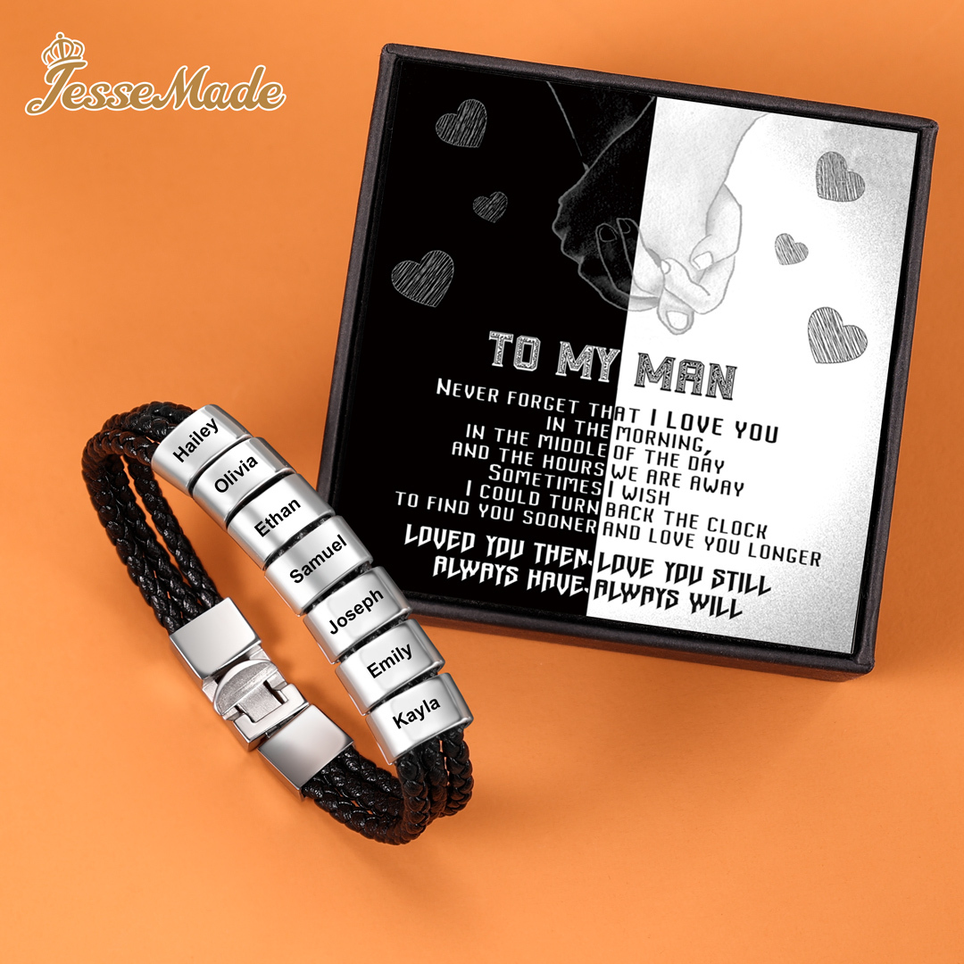 Personalised Braided Leather Bracelet Engraved 7 Names Men's Bracelet Gifts For Him-Jessemade AU