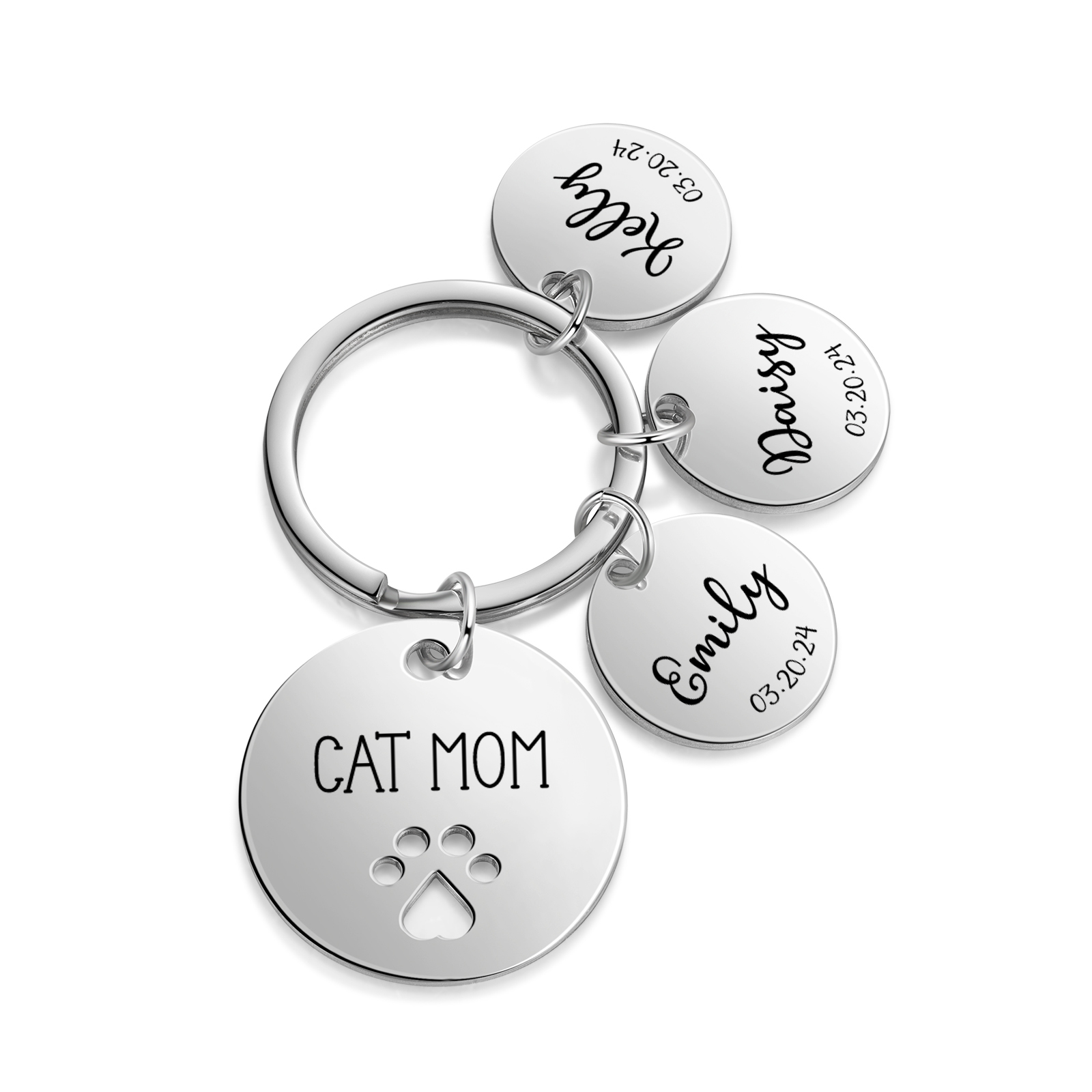 Personalised 3 Names & 3 Dates & 1 Text Keychain Cat Paw Circle Charm Keychain Gifts for Mother/Grandma-Jessemade AU