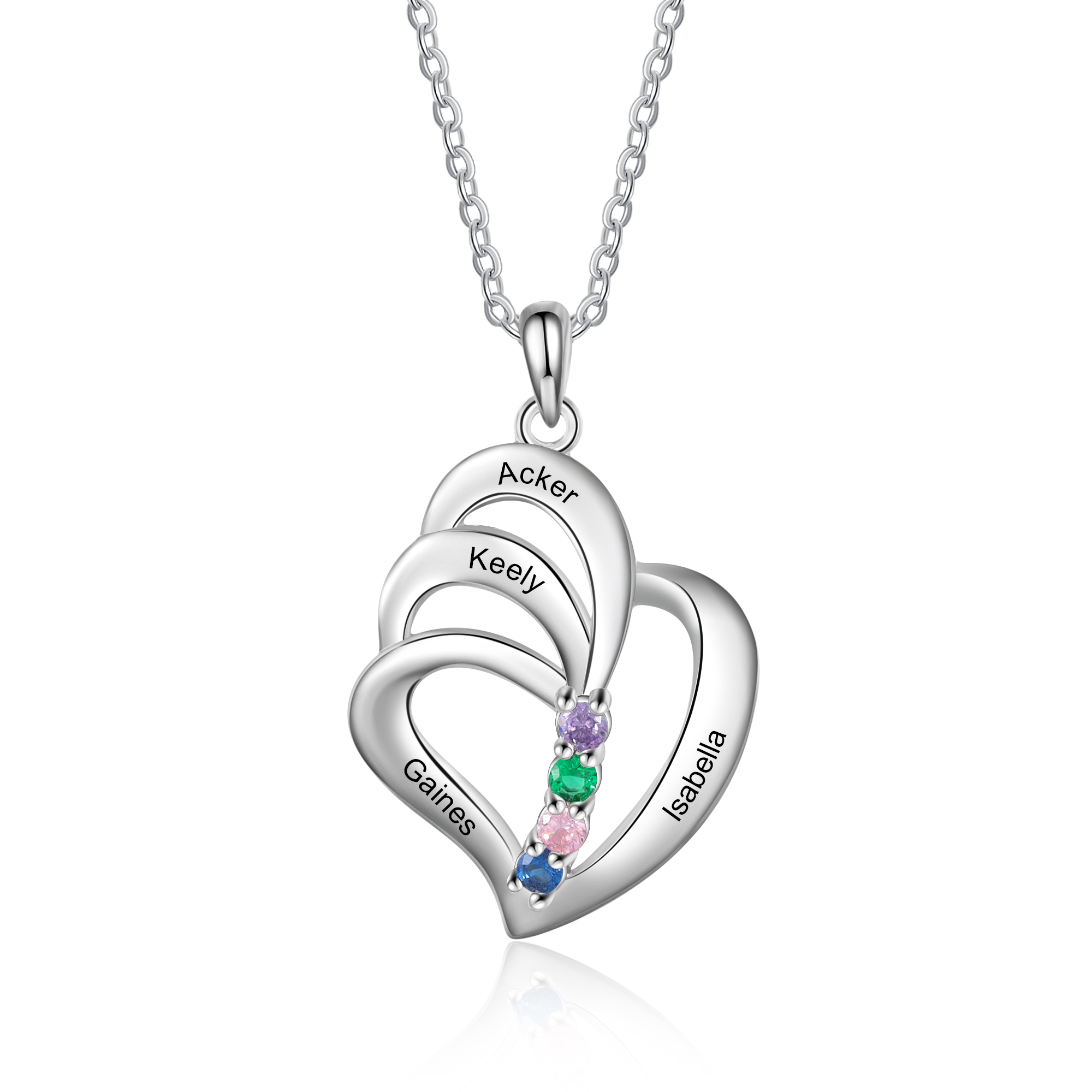 Personalised Heart Necklace With 4 Birthstones Engraved Names Gift For Her-Jessemade AU