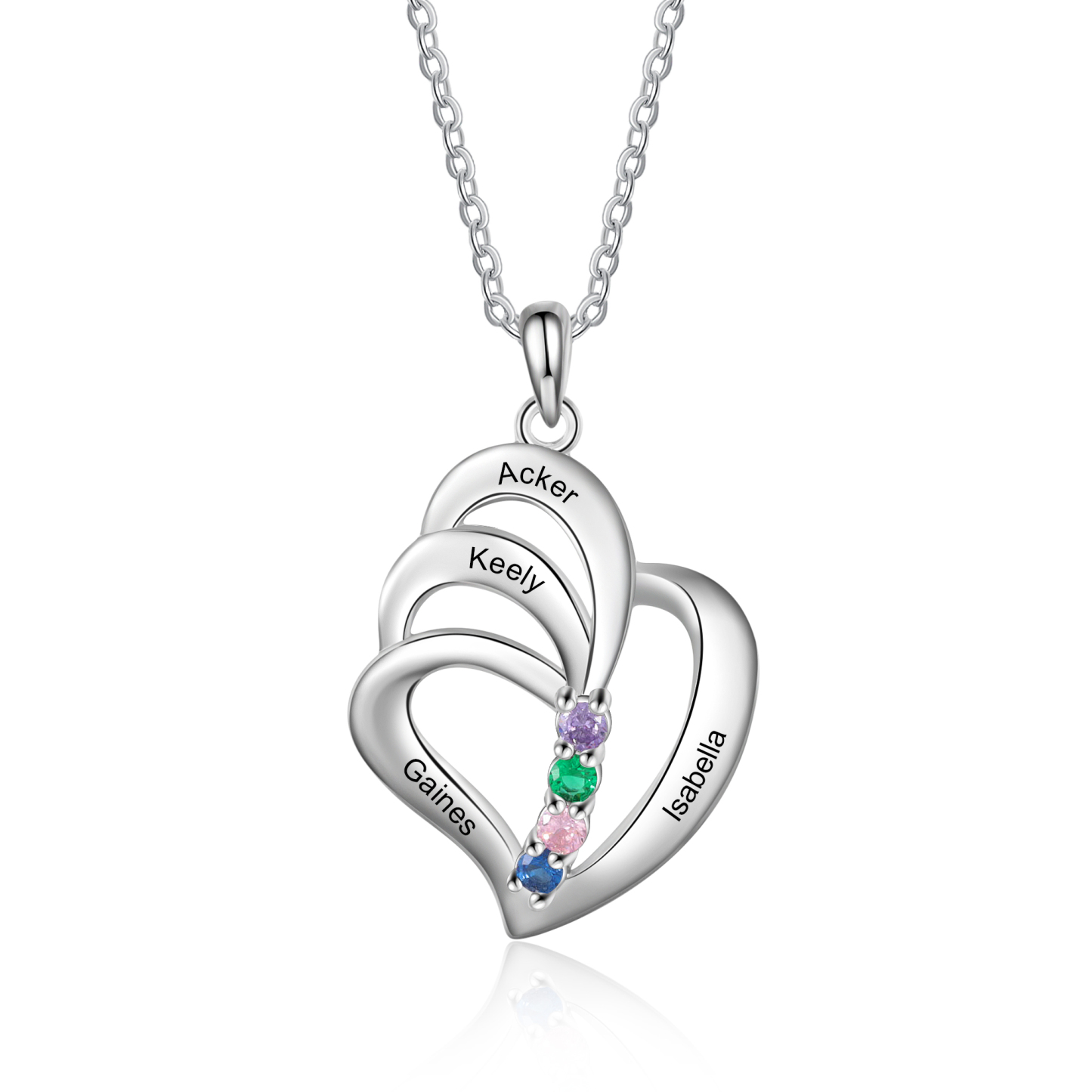 Personalised Heart Necklace With 4 Birthstones Engraved Names Gift For Her-Jessemade AU
