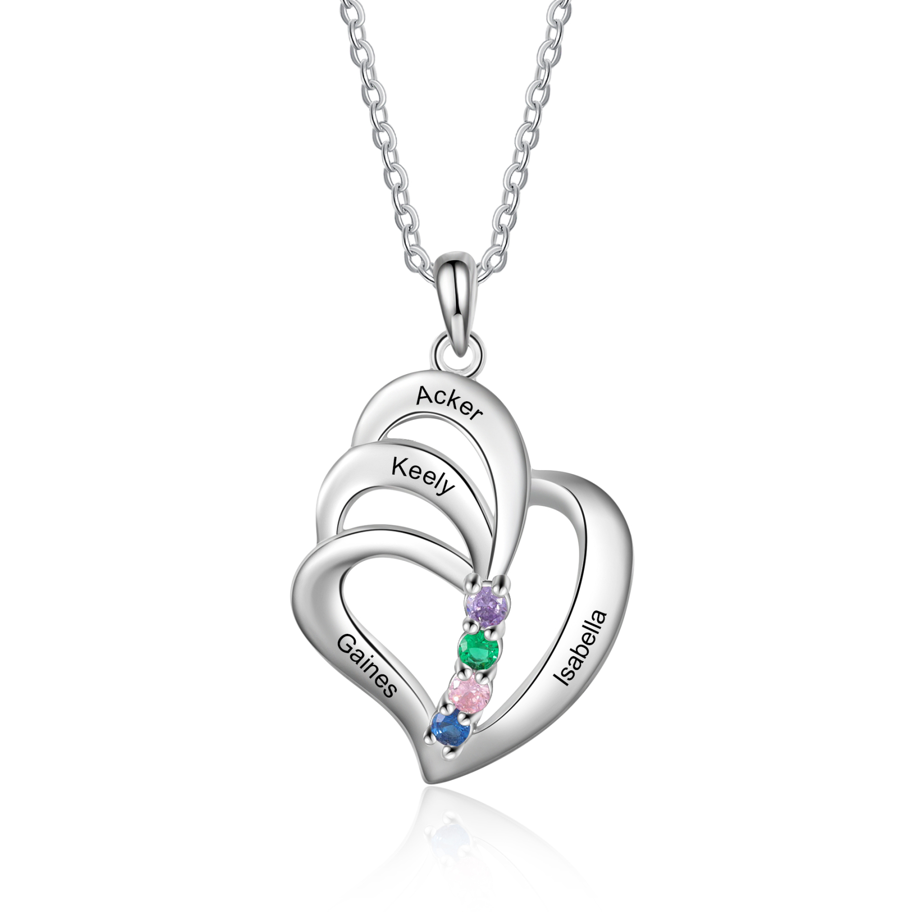Personalised Heart Necklace With 4 Birthstones Engraved Names Gift For Her-Jessemade AU