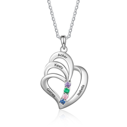 Personalised Heart Necklace With 4 Birthstones Engraved Names Gift For Her-Jessemade AU