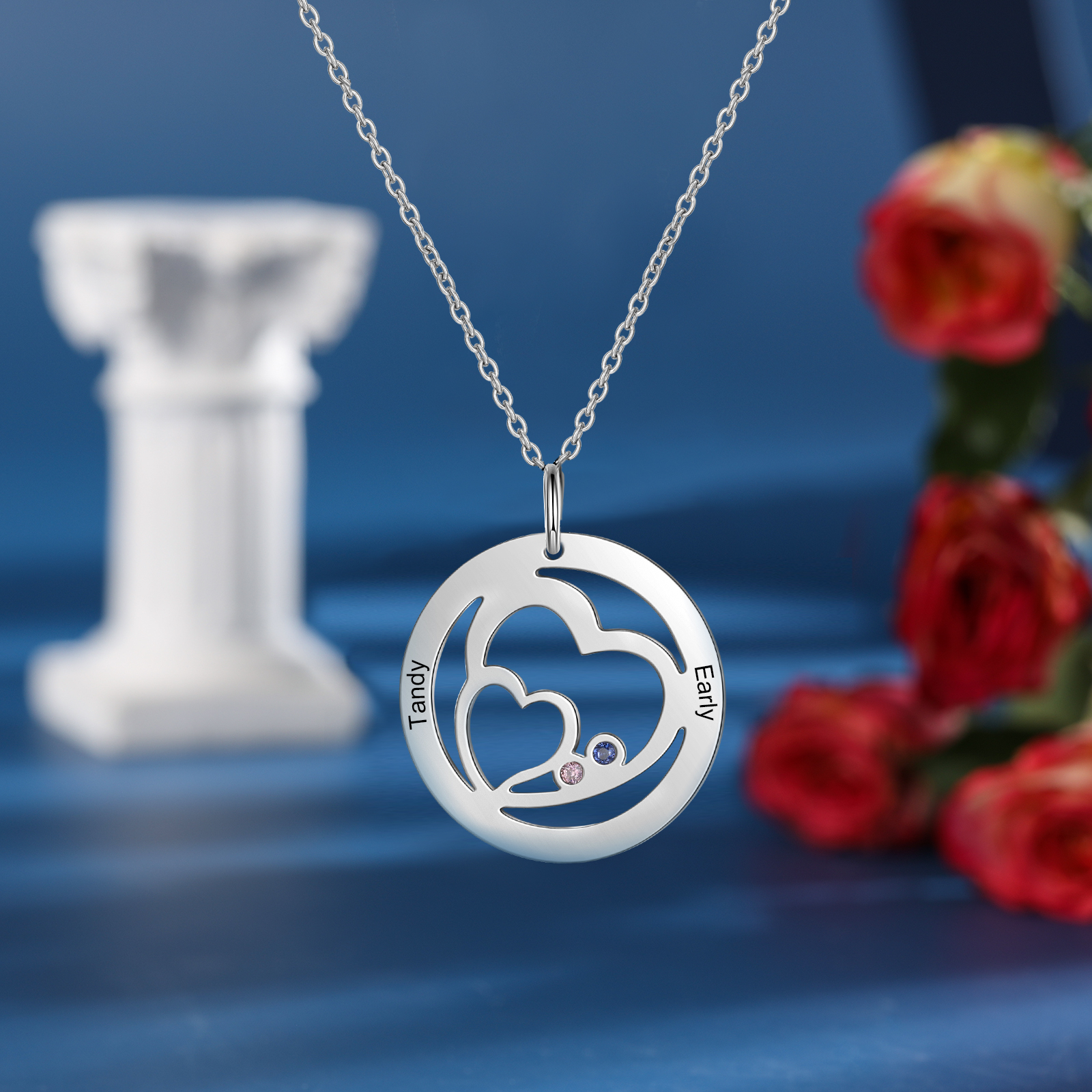Personalised Heart Necklace With 2 Birthstones Engraved Names Necklace Gifts For Her-Jessemade AU