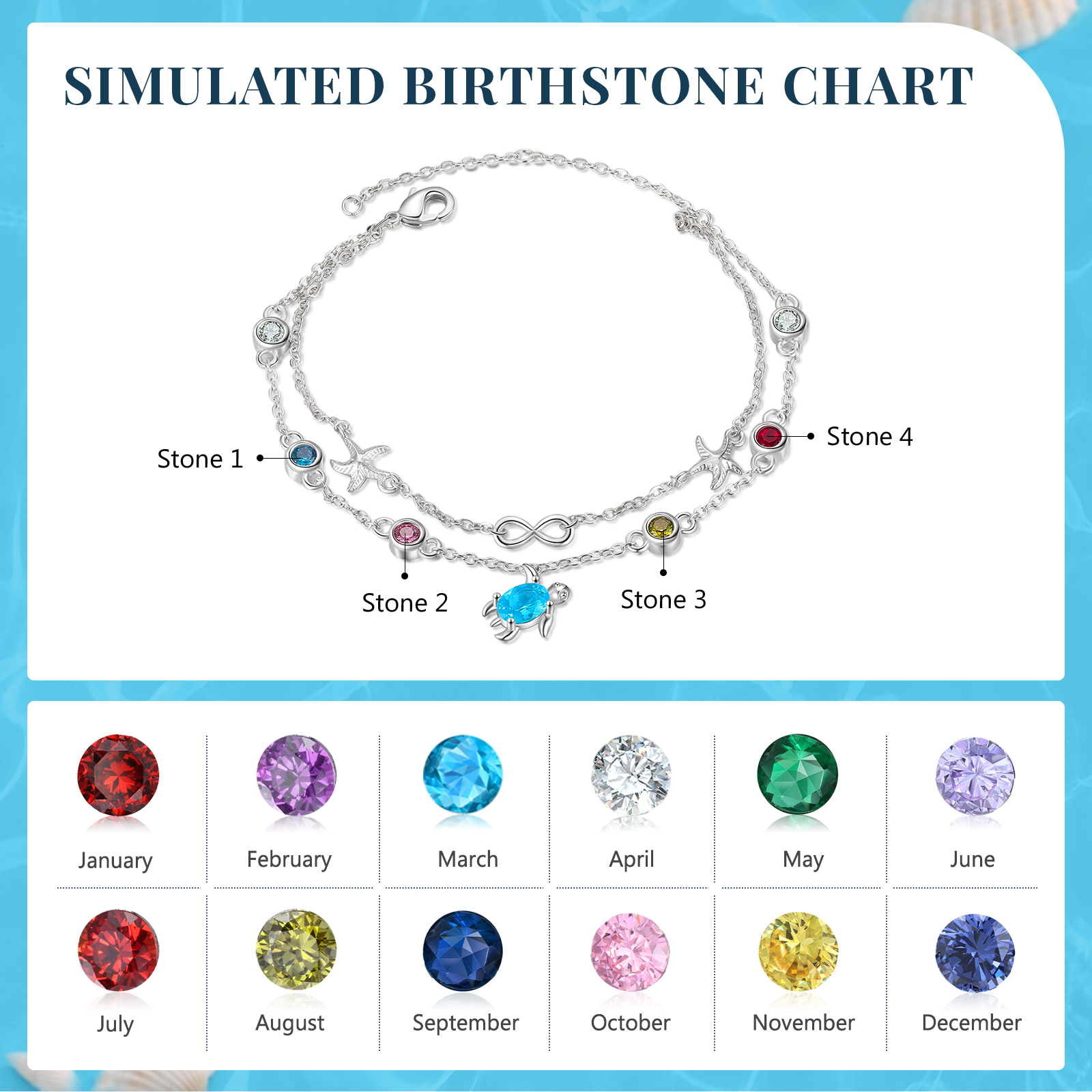 Personalised Women's Bracelet Custom 4 Birthstones Bracelet Sea Turtle Adjustable Bracelet Birthday Gift for Her-Jessemade AU