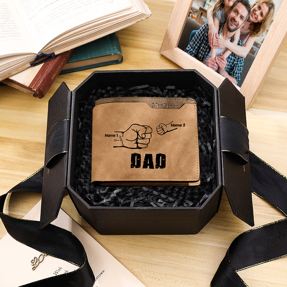 2 Names - Personalised Men Leather Wallet Custom Photo & Text & Name Folding Wallet Fist Bump Wallet Gift for Dad-Jessemade AU