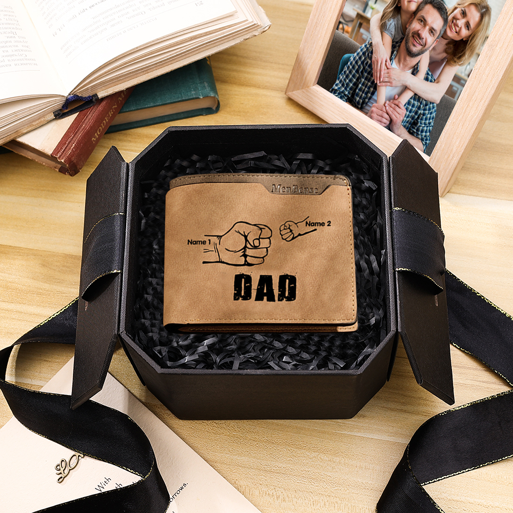 2 Names - Personalised Men Leather Wallet Custom Photo & Text & Name Folding Wallet Fist Bump Wallet Gift for Dad-Jessemade AU